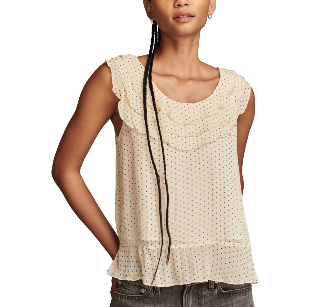 Lucky Brand Women Dotted Ruffled Sleeveless Top Cream Black Dot Size L